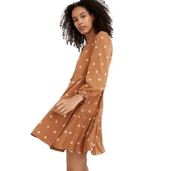 Madewell Women Small Tie-Neck Tiered Mini Dress in Bloom Dot Brown & White Flowy - Picture 8 of 17